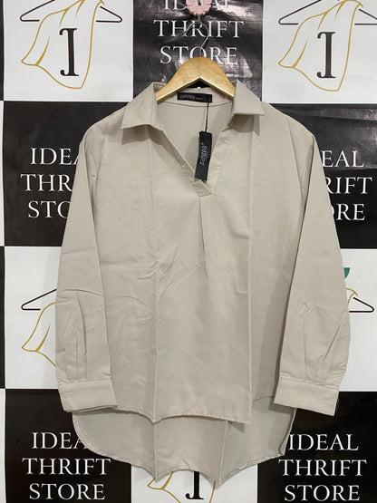 ZANZEA |S| BUST 20| A28| NEUTRAL BEIGE V-NECK COLLARED HIGH-LOW BLOUSE