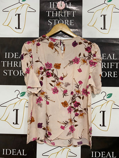 NEW LOOK |S| BUST 17| A28| BLUSH PINK FLORAL PRINT PUFF-SLEEVE BEADED BLOUSE