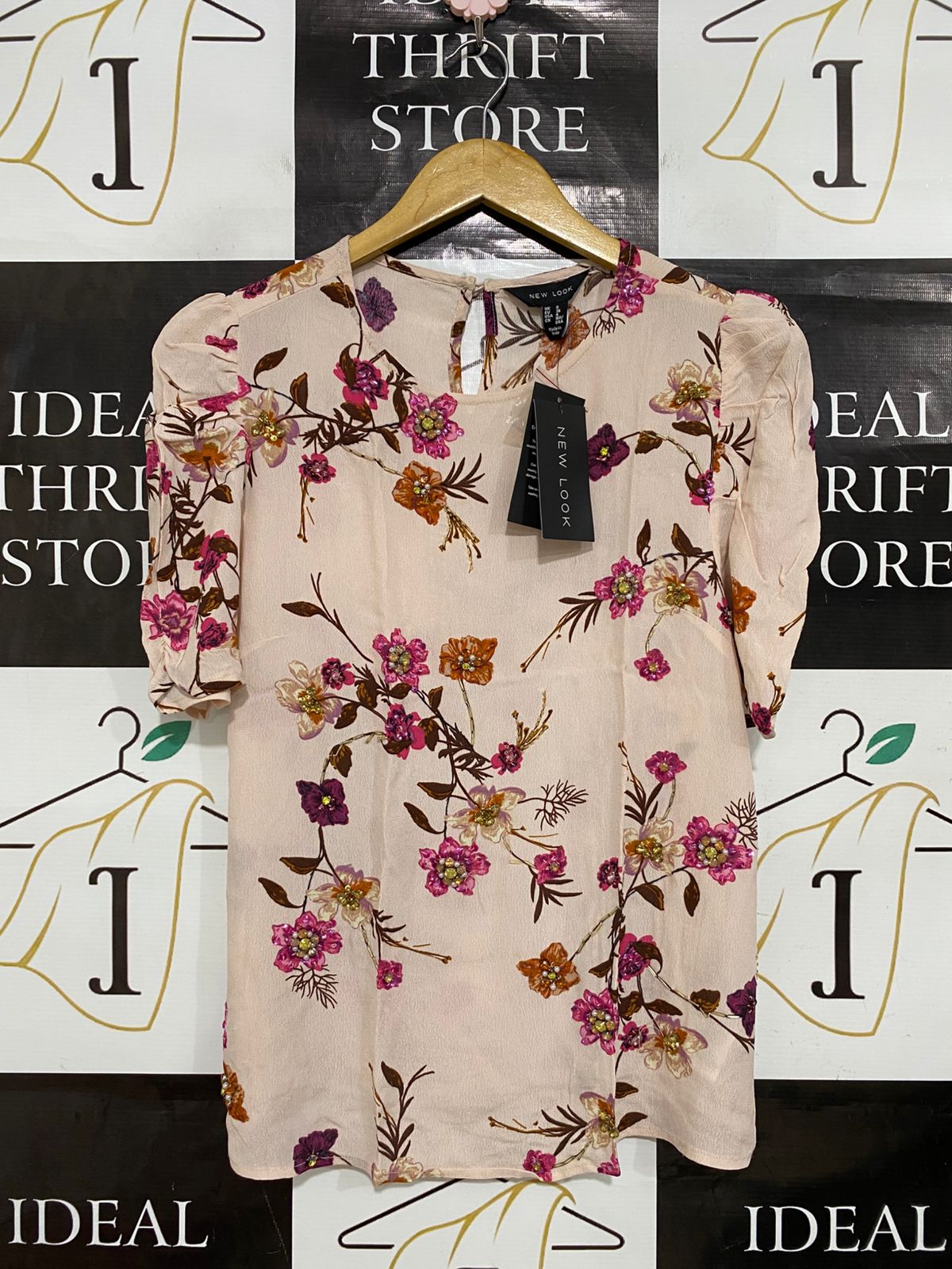 NEW LOOK |S| BUST 17| A28| BLUSH PINK FLORAL PRINT PUFF-SLEEVE BEADED BLOUSE