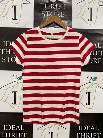 CONTINENTAL |M| BUST 18| A28| RED & WHITE HORIZONTAL STRIPED CREW-NECK T-SHIRT