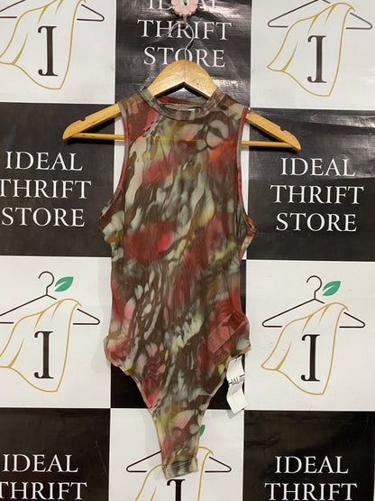 HAUTE |S| BUST 14| A28| ABSTRACT PRINT MESH MOCK-NECK SLEEVELESS BODYSUIT