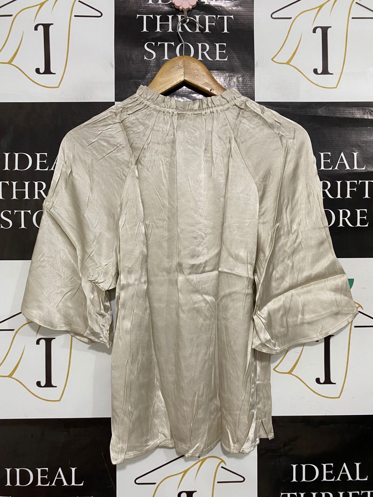 H&M |XS| BUST 18| A28| CHAMPAGNE SATIN GATHERED-NECK FLARED-SLEEVE BLOUSE