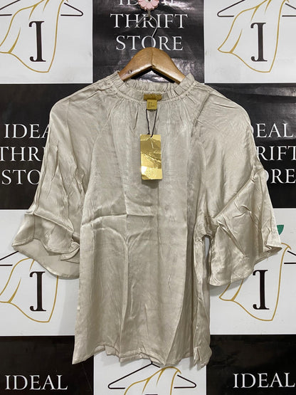 H&M |XS| BUST 18| A28| CHAMPAGNE SATIN GATHERED-NECK FLARED-SLEEVE BLOUSE