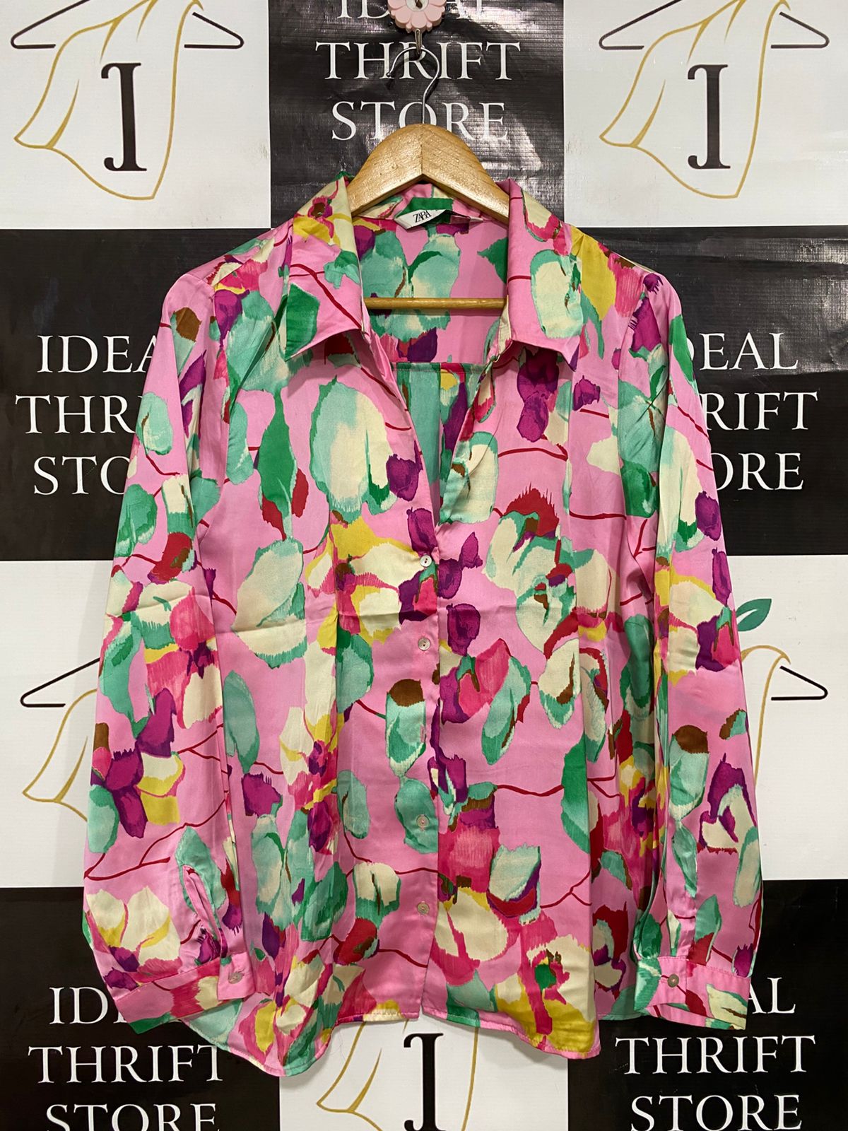 ZARA |XL| BUST 21| A28| PINK & GREEN ABSTRACT FLORAL PRINT BUTTON-DOWN SHIRT
