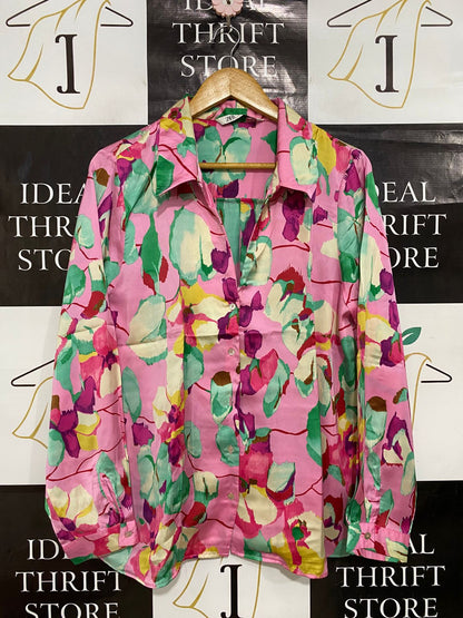 ZARA |XL| BUST 21| A28| PINK & GREEN ABSTRACT FLORAL PRINT BUTTON-DOWN SHIRT