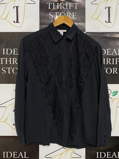 TOP SHOP |S| BUST 18| A28| BLACK LACE-INSET COLLARED BUTTON-DOWN BLOUSE