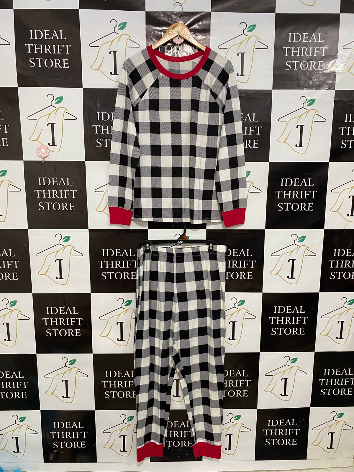 HOLIDAY TIME |L| A28| BLACK & WHITE BUFFALO CHECK PAJAMA SET WITH RED TRIM