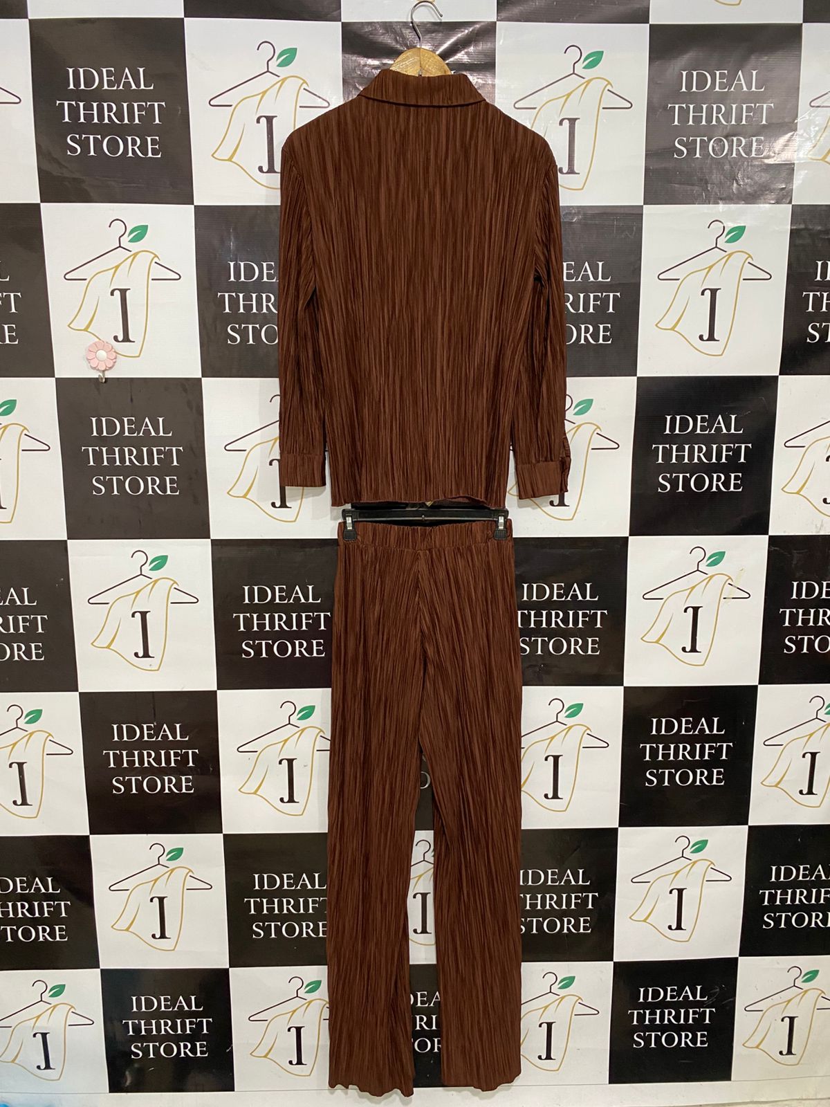 STRADIVARIUS |S| A28| RICH BROWN PLEATED CO-ORD SET WITH COLLARED SHIRT & WIDE-LEG PANTS