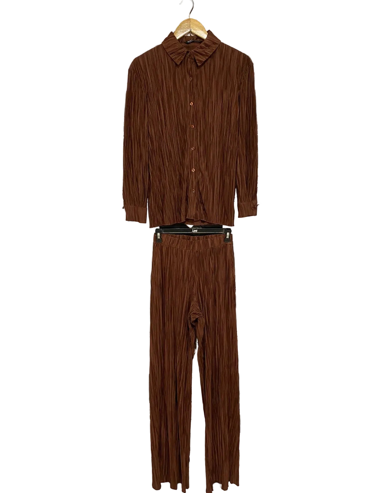 STRADIVARIUS |S| A28| RICH BROWN PLEATED CO-ORD SET WITH COLLARED SHIRT & WIDE-LEG PANTS
