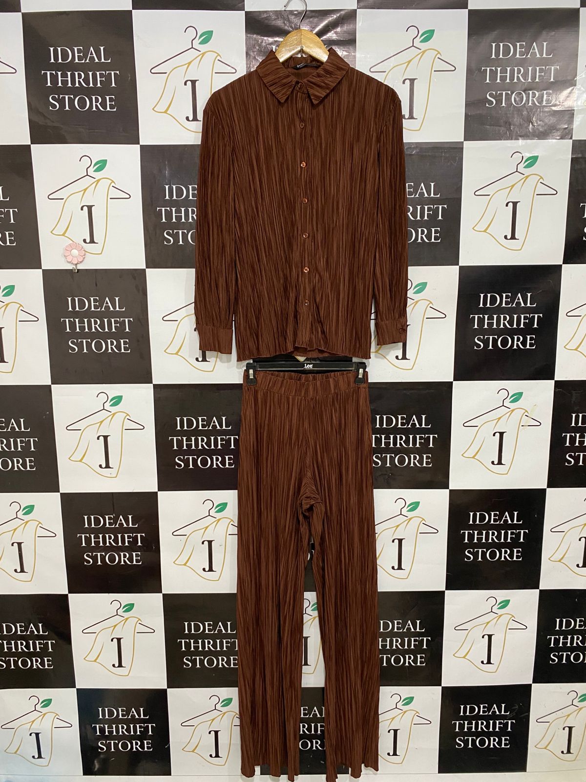 STRADIVARIUS |S| A28| RICH BROWN PLEATED CO-ORD SET WITH COLLARED SHIRT & WIDE-LEG PANTS