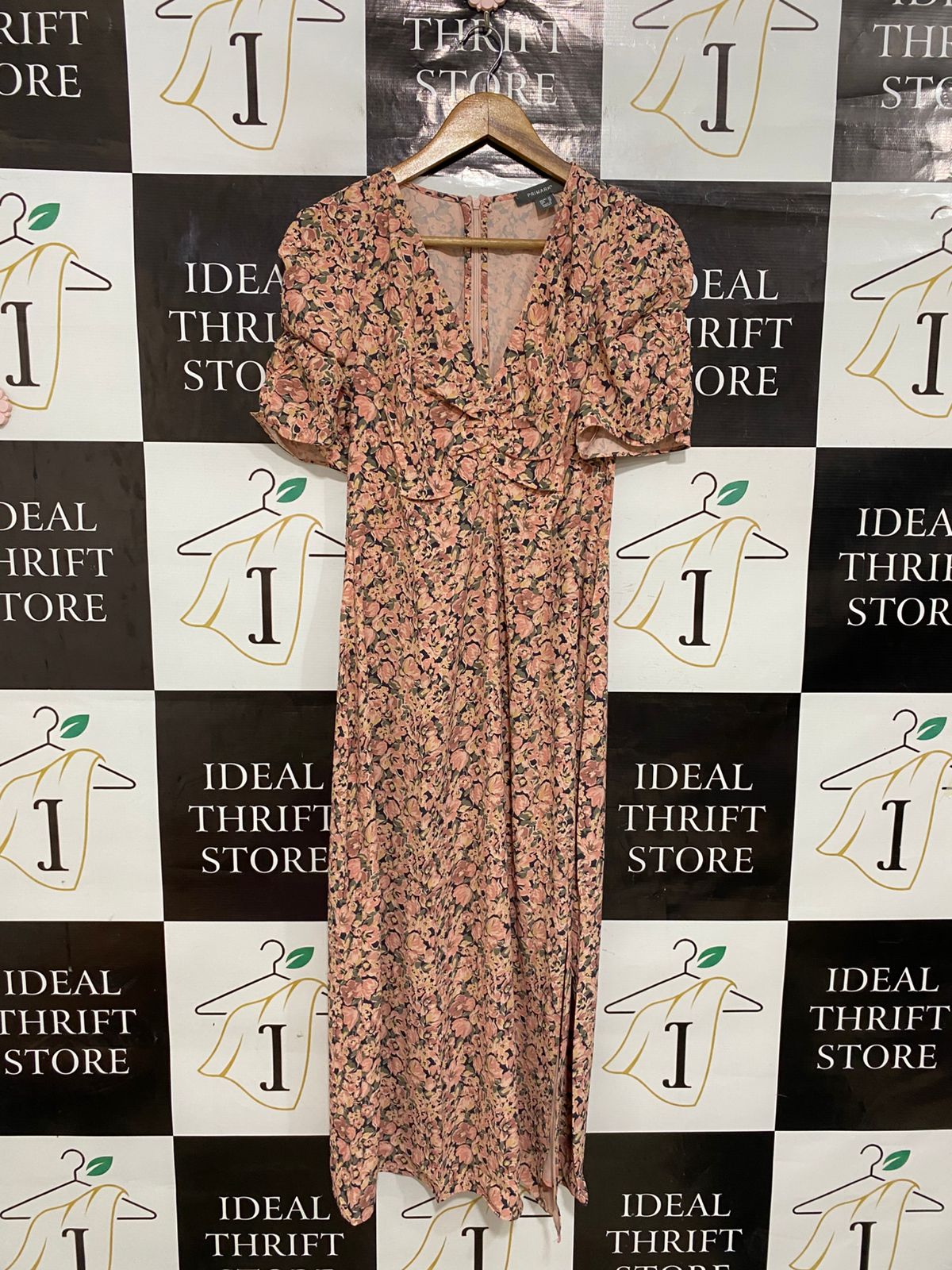 PRIMARK |M| BUST 17| A28| PINK & BROWN VINTAGE FLORAL MIDI / MAXI DRESS