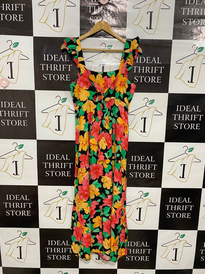 NEW LOOK |S| BUST 17| A28| BLACK TROPICAL FLORAL RUFFLE-STRAP MIDI / MAXI DRESS