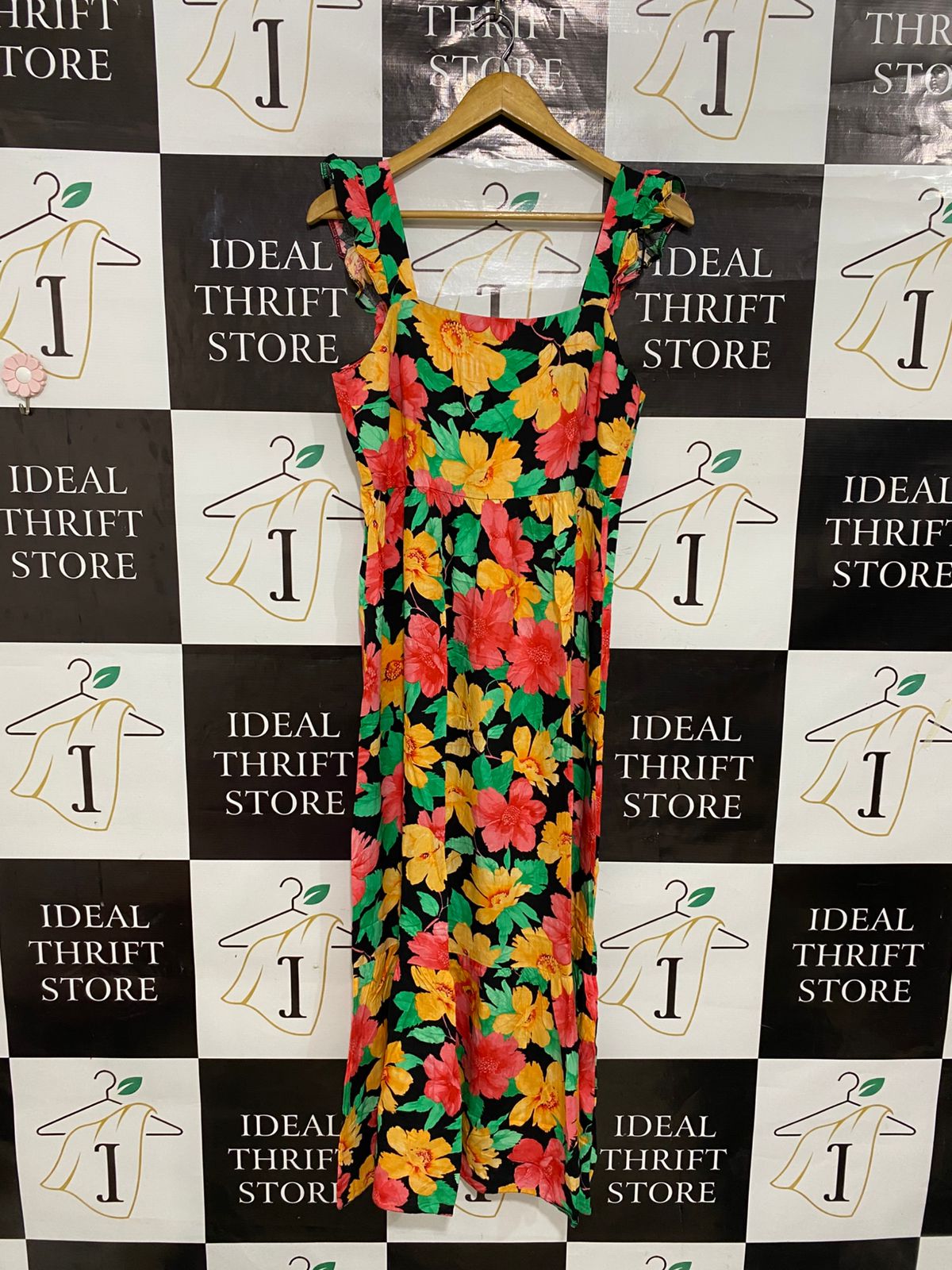 NEW LOOK |S| BUST 17| A28| BLACK TROPICAL FLORAL RUFFLE-STRAP MIDI / MAXI DRESS