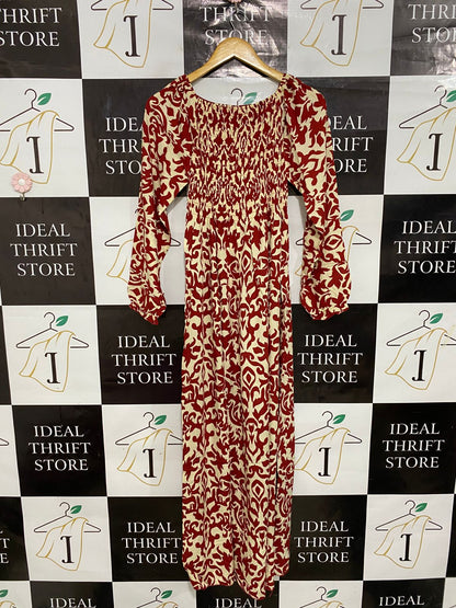FASHION |M/L| BUST 12| A28| RED & BEIGE DAMASK PRINT SMOCKED LONG-SLEEVE MAXI DRESS
