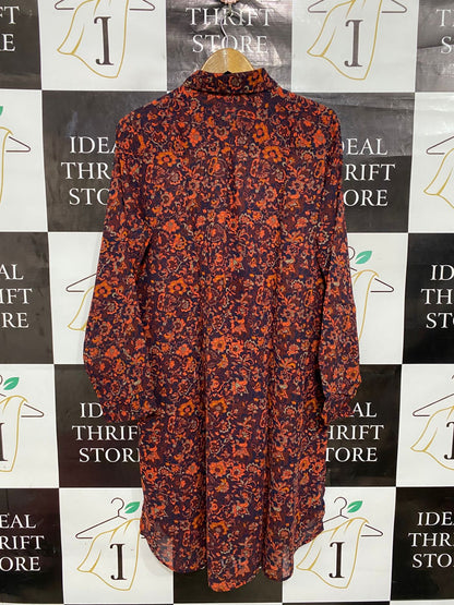 FASHION BOX |XL| BUST 23| A28| ORANGE & NAVY BLUE FLORAL PAISLEY PRINT BUTTON-DOWN SHIRT DRESS