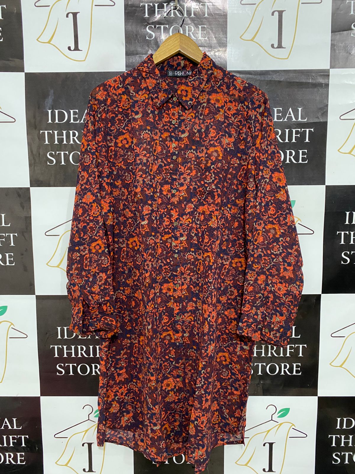 FASHION BOX |XL| BUST 23| A28| ORANGE & NAVY BLUE FLORAL PAISLEY PRINT BUTTON-DOWN SHIRT DRESS
