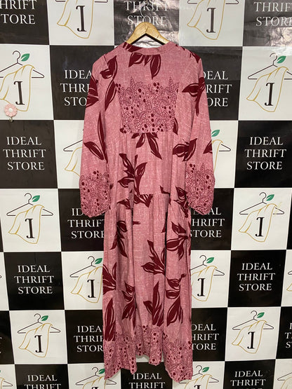 HICCUP |S| BUST FREE| A28| PINK & BURGUNDY LEAF PRINT MAXI DRESS