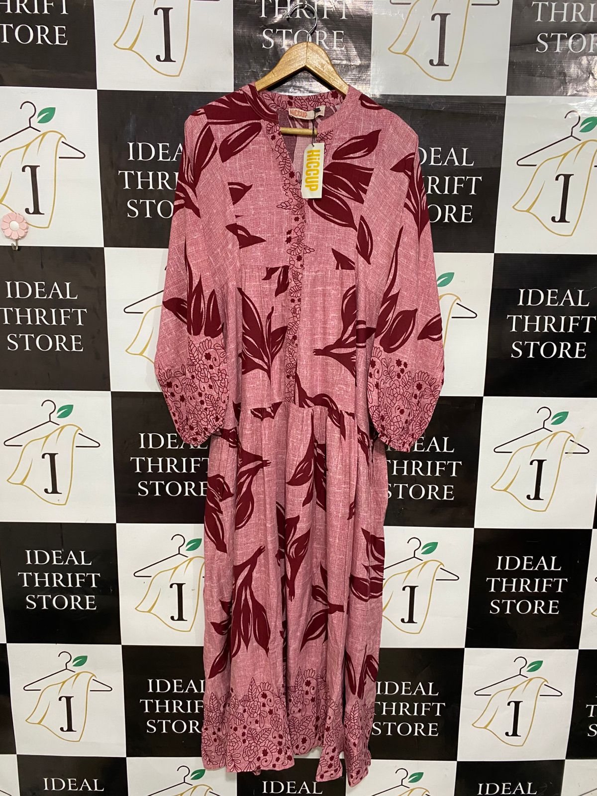 HICCUP |S| BUST FREE| A28| PINK & BURGUNDY LEAF PRINT MAXI DRESS