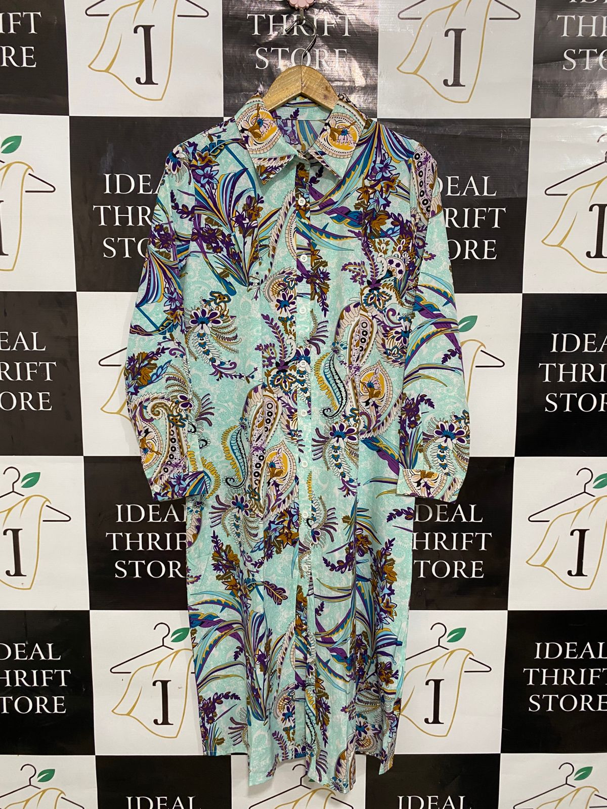 SHEIN |M| BUST 20| A28| MINT GREEN & PURPLE PAISLEY PRINT BUTTON-DOWN SHIRT DRESS