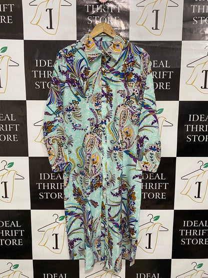 SHEIN |M| BUST 20| A28| MINT GREEN & PURPLE PAISLEY PRINT BUTTON-DOWN SHIRT DRESS
