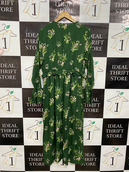 RIVER ISALND |L| BUST 19| A28| FOREST GREEN & PINK FLORAL RUFFLE-TRIM LONG-SLEEVE MAXI DRESS