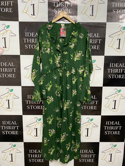 RIVER ISALND |L| BUST 19| A28| FOREST GREEN & PINK FLORAL RUFFLE-TRIM LONG-SLEEVE MAXI DRESS