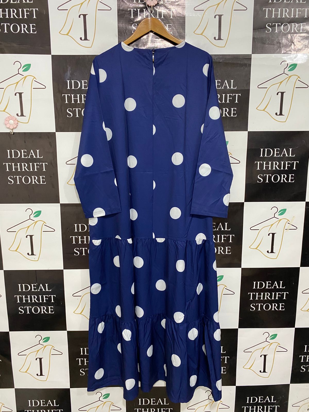 |XL| BUST 22| A28| ROYAL BLUE & WHITE POLKA DOT TIERED LONG-SLEEVE MAXI DRESS