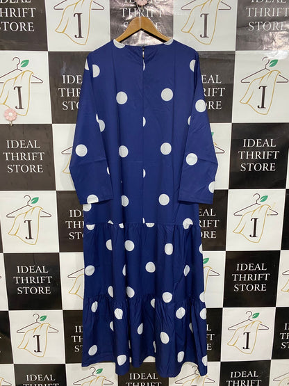 |XL| BUST 22| A28| ROYAL BLUE & WHITE POLKA DOT TIERED LONG-SLEEVE MAXI DRESS