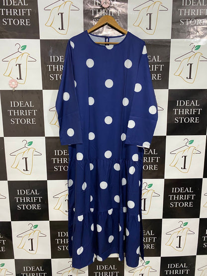 |XL| BUST 22| A28| ROYAL BLUE & WHITE POLKA DOT TIERED LONG-SLEEVE MAXI DRESS