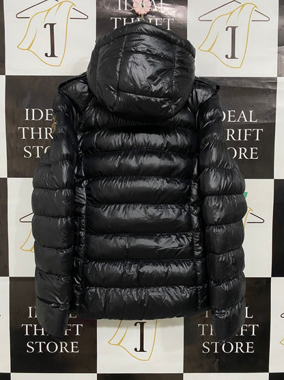 ZELLES |XL| BUST 20| B22| GLOSSY BLACK ASYMMETRIC PUFFER JACKET WITH HOOD & CREST BADGE