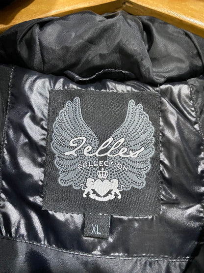 ZELLES |XL| BUST 20| B22| GLOSSY BLACK ASYMMETRIC PUFFER JACKET WITH HOOD & CREST BADGE