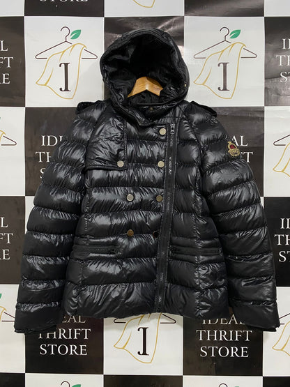ZELLES |XL| BUST 20| B22| GLOSSY BLACK ASYMMETRIC PUFFER JACKET WITH HOOD & CREST BADGE