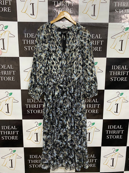 TU WOMAN |L| BUST 17| A28| METALLIC BLUE & GOLD FOIL ABSTRACT PRINT PLEATED MIDI DRESS