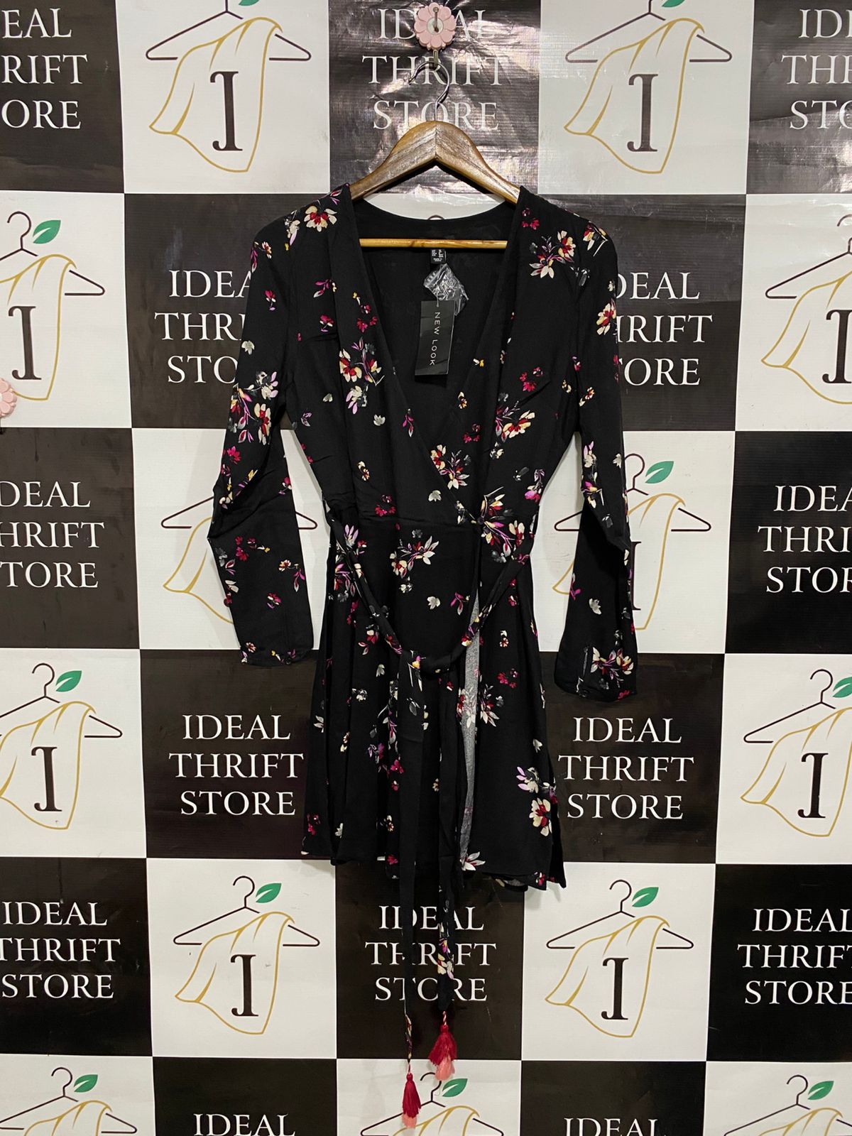 NEW LOOK |S| BUST 16| A28| BLACK & PINK FLORAL WRAP MINI DRESS