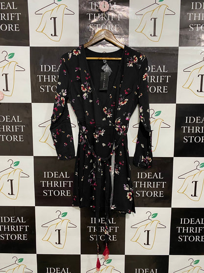 NEW LOOK |S| BUST 16| A28| BLACK & PINK FLORAL WRAP MINI DRESS