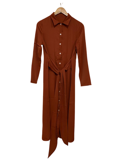 |S| BUST 17| A29| RUST BROWN COLLARED TIE-WAIST LONG-SLEEVE SHIRT MIDI DRESS