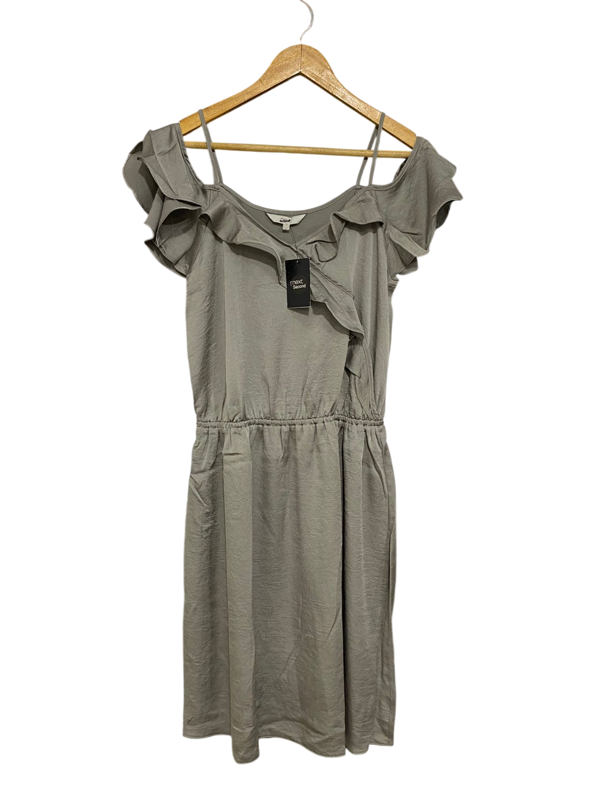 NEXT |S| BUST 16| A29| SAGE GREEN COLD-SHOULDER RUFFLE-TRIM MIDI DRESS