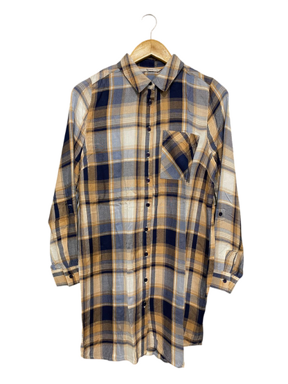 TU WOMAN |M| BUST 19| A29| BLUE, BROWN & WHITE PLAID TARTAN LONG-SLEEVE SHIRT / TUNIC