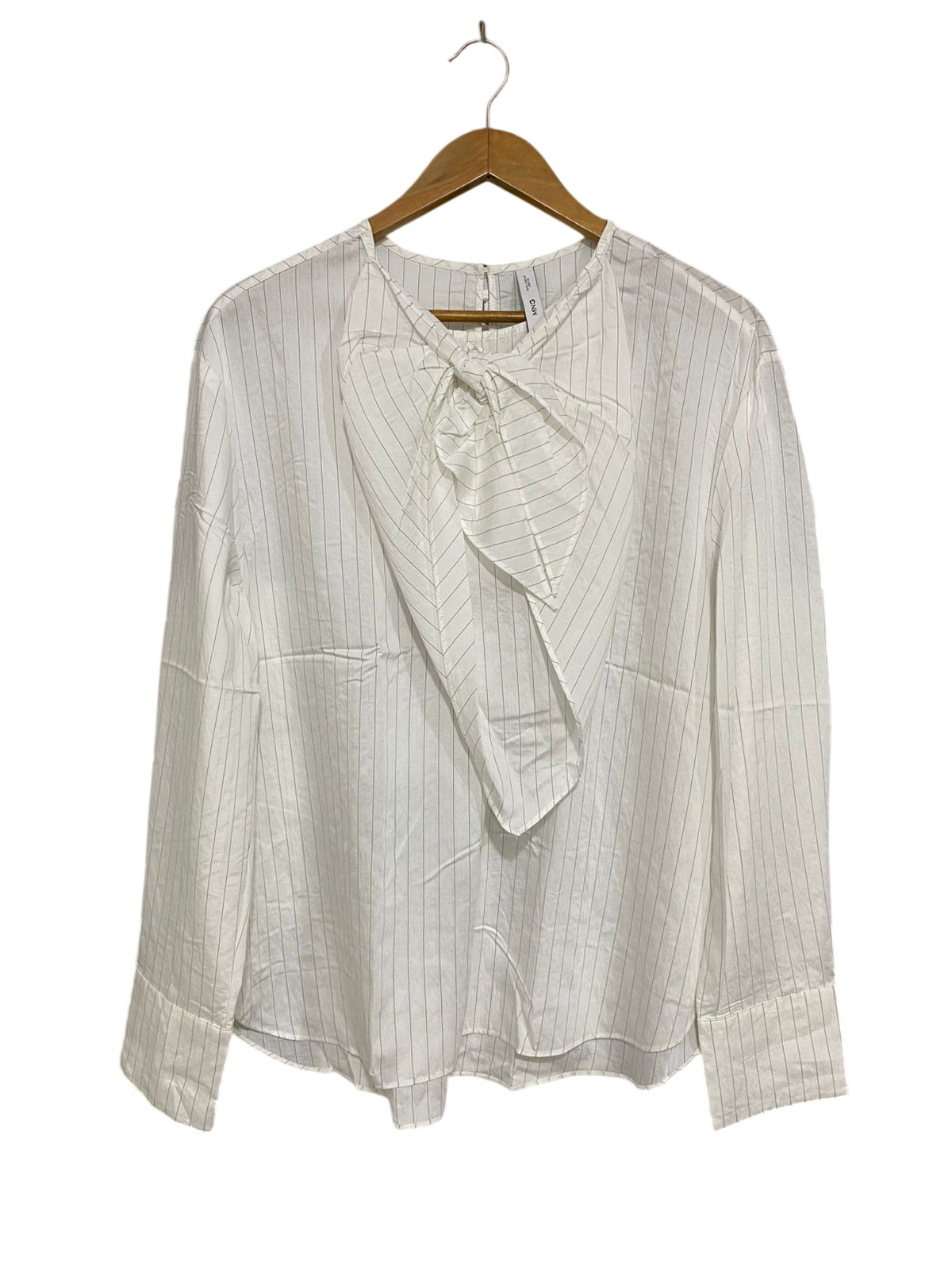 MNG |M| BUST 21| A29| WHITE & BLACK PINSTRIPE BOW-FRONT LONG-SLEEVE SHIRT