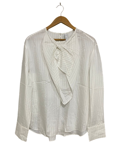 MNG |M| BUST 21| A29| WHITE & BLACK PINSTRIPE BOW-FRONT LONG-SLEEVE SHIRT