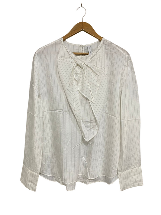 MNG |M| BUST 21| A29| WHITE & BLACK PINSTRIPE BOW-FRONT LONG-SLEEVE SHIRT