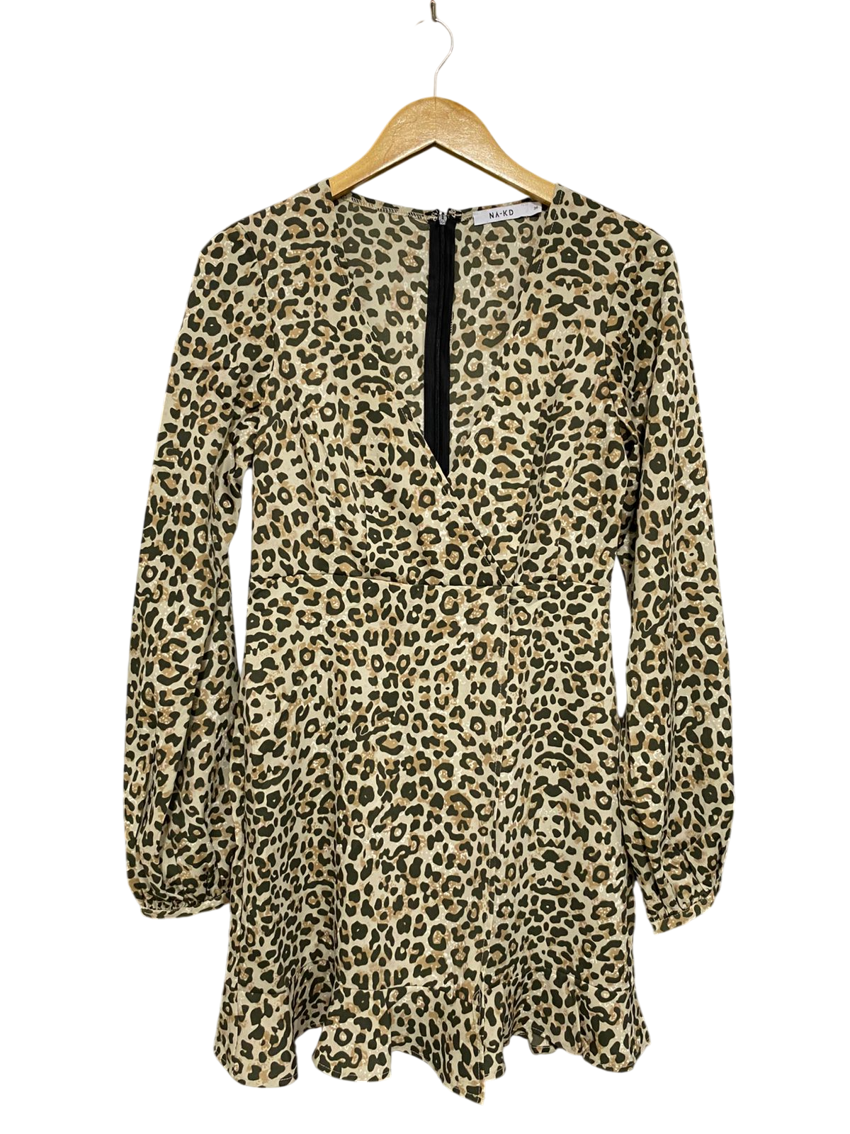 NA KD |S| BUST 16| A29| OLIVE & BEIGE LEOPARD PRINT LONG-SLEEVE RUFFLE MINI DRESS