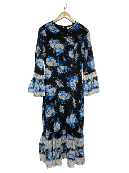 OASIS |M| BUST 16| A29| BLACK & BLUE FLORAL PRINT TIERED BELL-SLEEVE MIDI DRESS