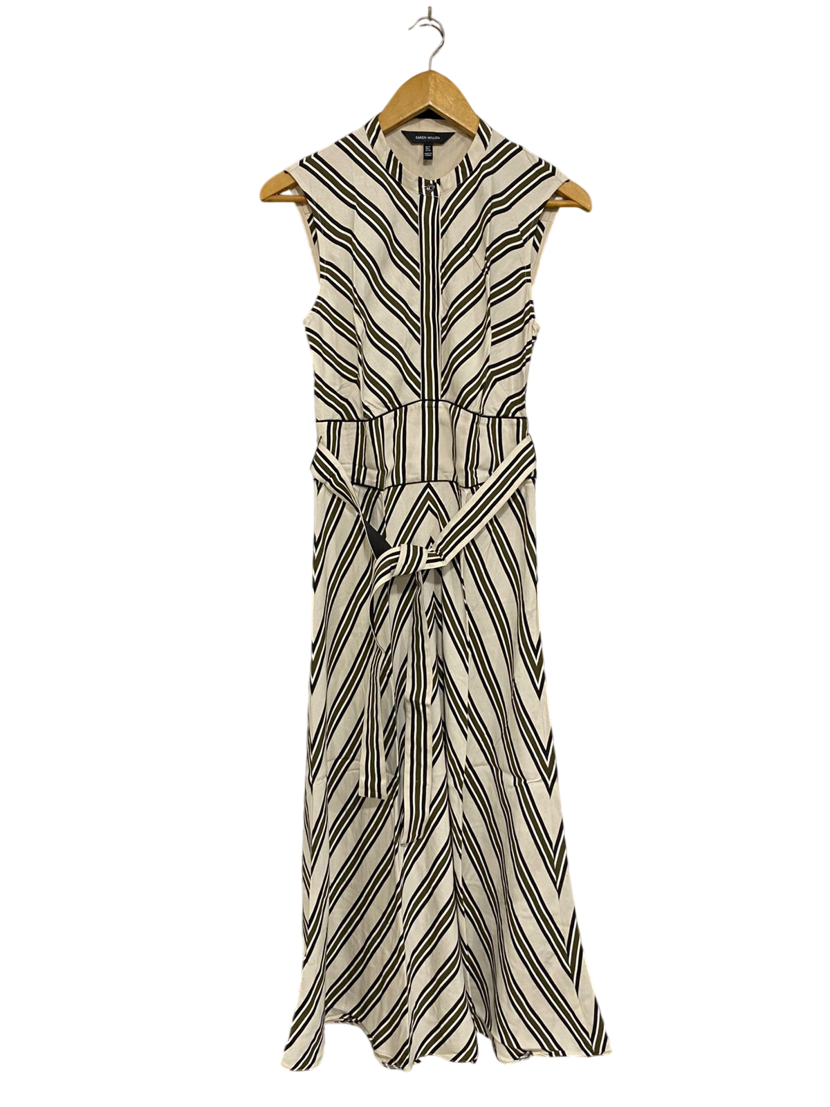 KAREN MILLEN |S| BUST 15| A29| CREAM & BLACK STRIPED SLEEVELESS TIE-WAIST MIDI DRESS