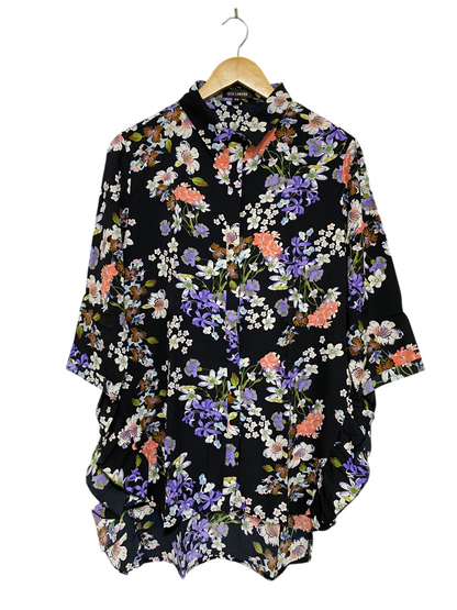 QED LONDON |L| BUST 22| A29| BLACK FLORAL PRINT COLLARED ASYMMETRIC SHIRT / TUNIC
