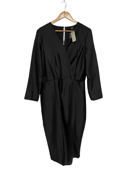 RIVER ISLAND |L| BUST 19| A29| BLACK SATIN WRAP-FRONT LONG-SLEEVE MIDI DRESS