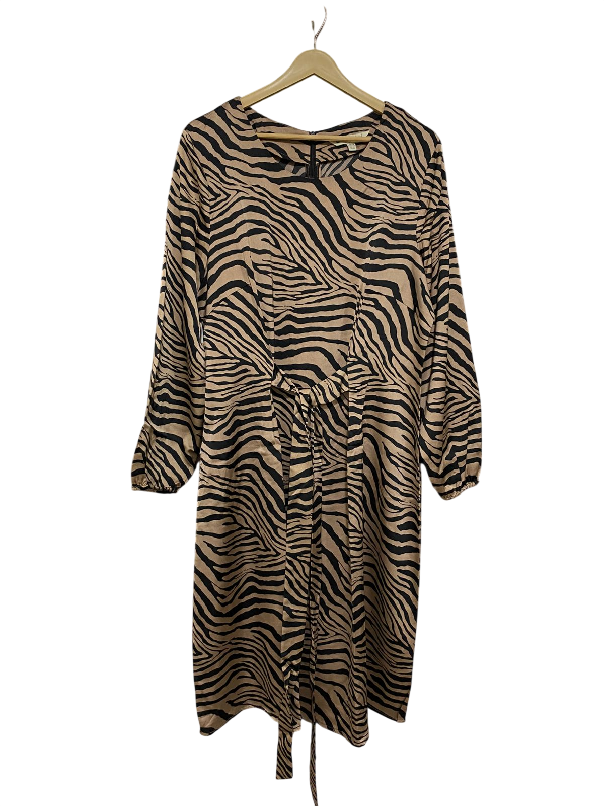 YUMI |M| BUST 20| A29| BEIGE & BLACK ZEBRA ANIMAL PRINT LONG-SLEEVE TIE-WAIST MIDI DRESS