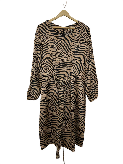 YUMI |M| BUST 20| A29| BEIGE & BLACK ZEBRA ANIMAL PRINT LONG-SLEEVE TIE-WAIST MIDI DRESS