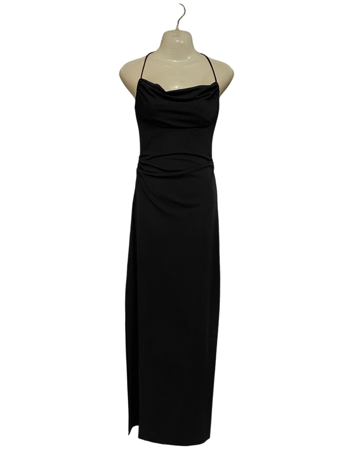 HICOLE HILLER |XS| BUST 13| A29| BLACK HALTER COWL-NECK RUCHED SIDE-SLIT MAXI DRESS