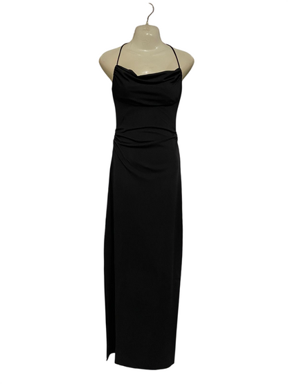 HICOLE HILLER |XS| BUST 13| A29| BLACK HALTER COWL-NECK RUCHED SIDE-SLIT MAXI DRESS